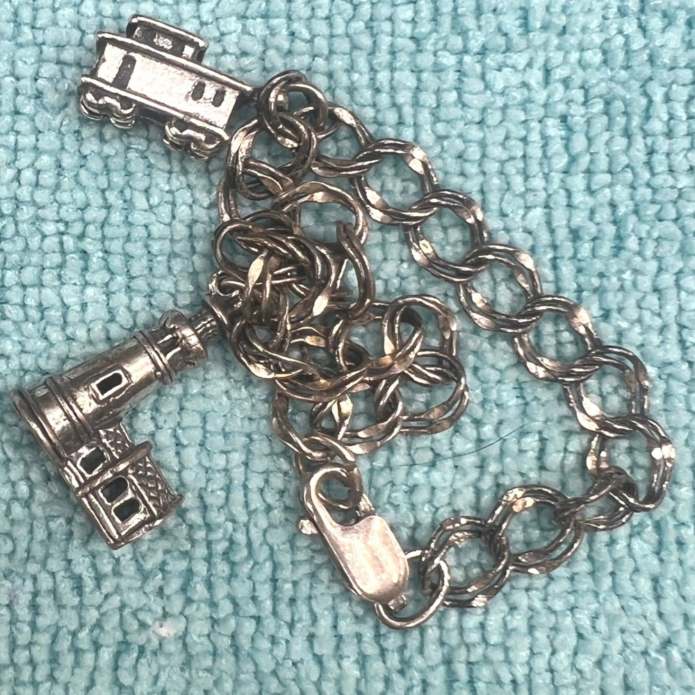 Vintage Sterling Silver Charm Bracelet Lighthouse Caboose Double Curb Chain 7.25